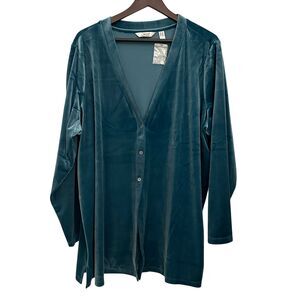 Denim & Co Blue Green Soft Velvet V-Neck Button Up Cardigan Tunic Size 2X NWT